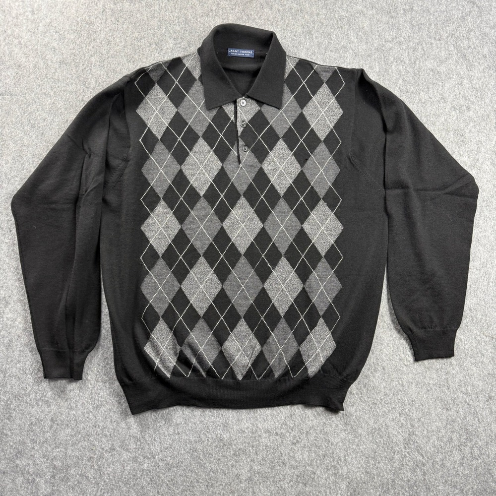 Grant Thomas Mens XL Italian Merino Wool Argyle Polo Sweater Black Grey Read